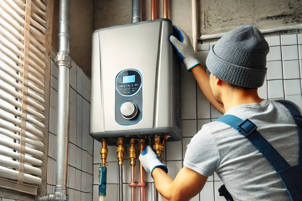 Instant Water Heater Solutions in Singapore Instant water heater mounted on a bathroom wall, delivering hot water through a showerhead