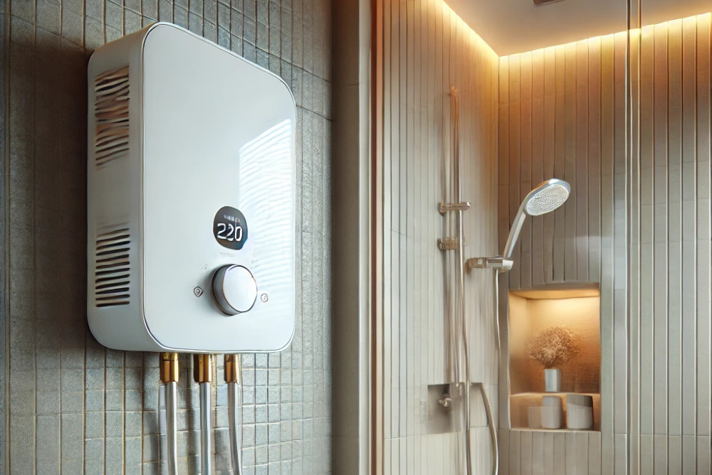 Why Instant Water Heater Installation Makes Sense Homeowner using a modern instant water heater for a warm shower in a sleek bathroom