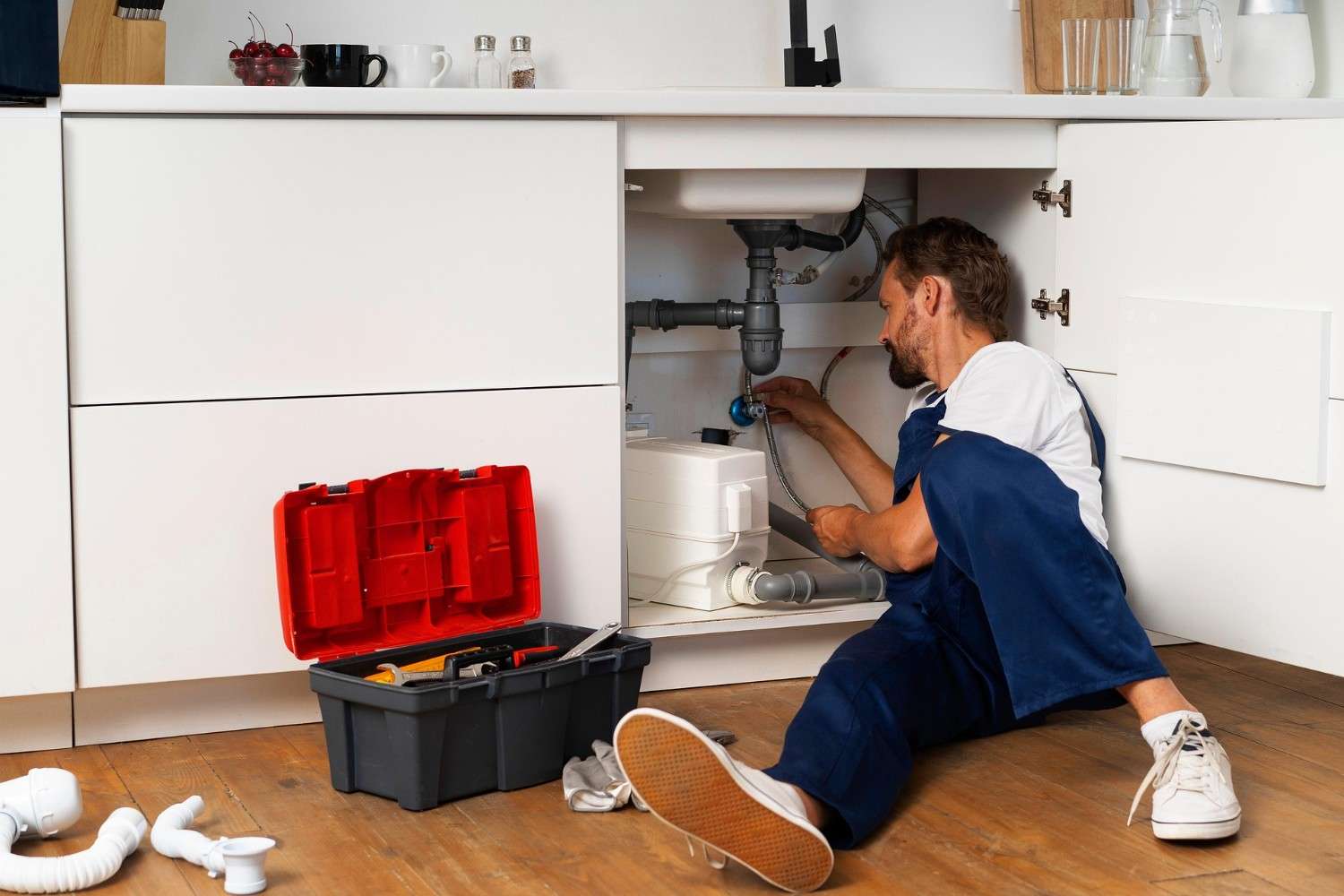 plumber A plumber fixing pipes under the cabinet